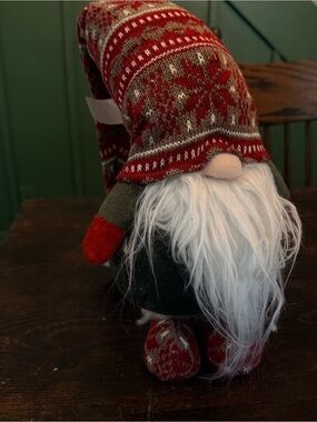 Festive Red Knit-Pattern Holiday Gnome with White Beard